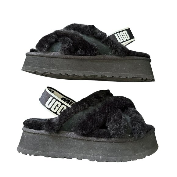 UGG Platform Disco Cross Slide Sandal Black Shearling 7 - Picture 1 of 6